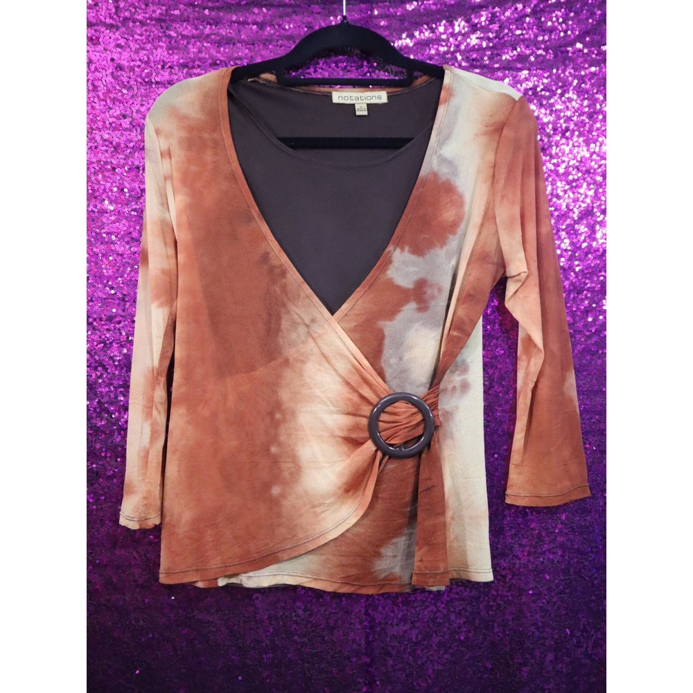 Brown Tie Dye Wrap Top Small Notations Women Layered Mesh Ring Detail